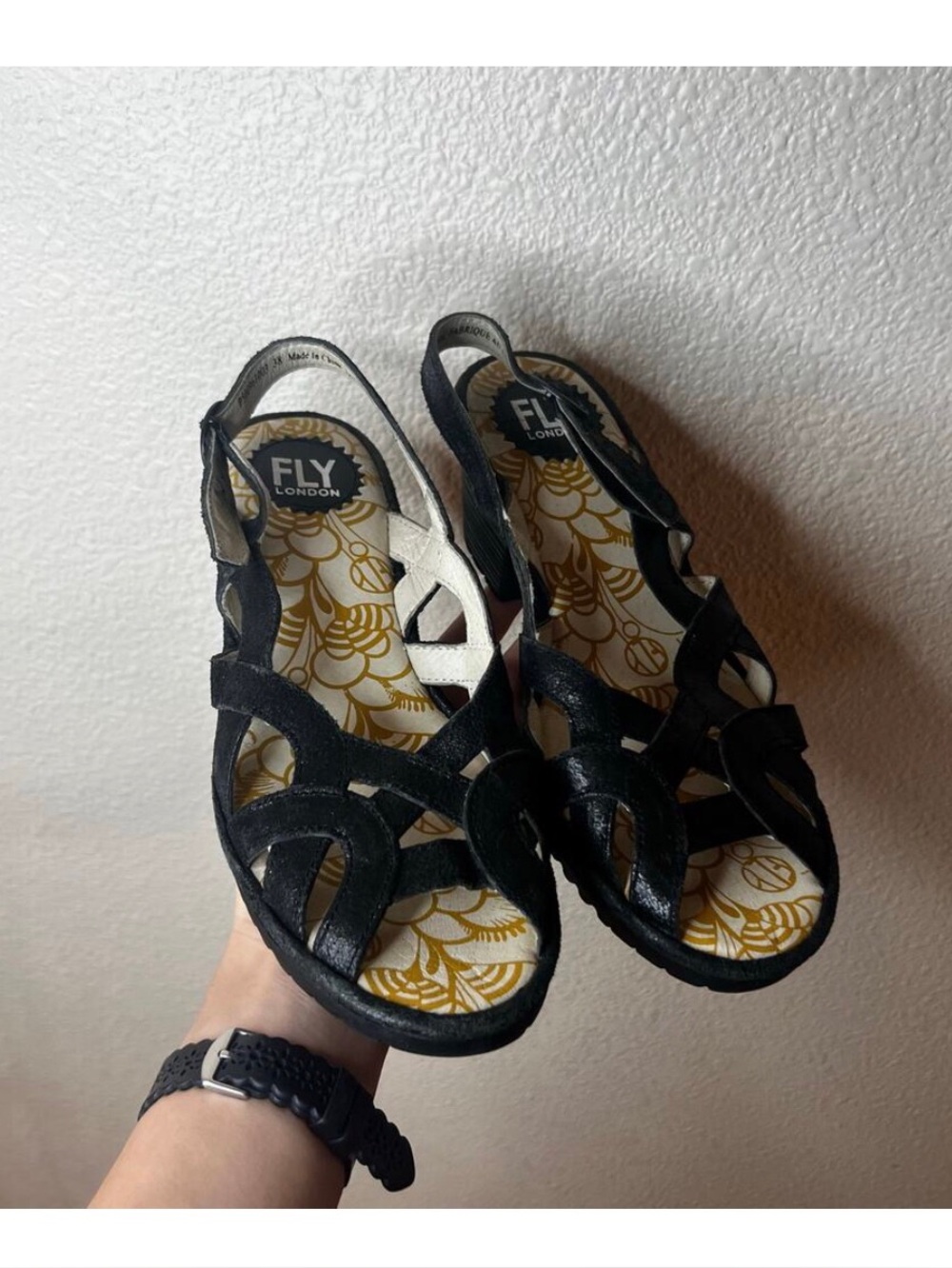 Fly London Luxor Weza Wedge sandals in black WOMENS 38 / US 7-7.5